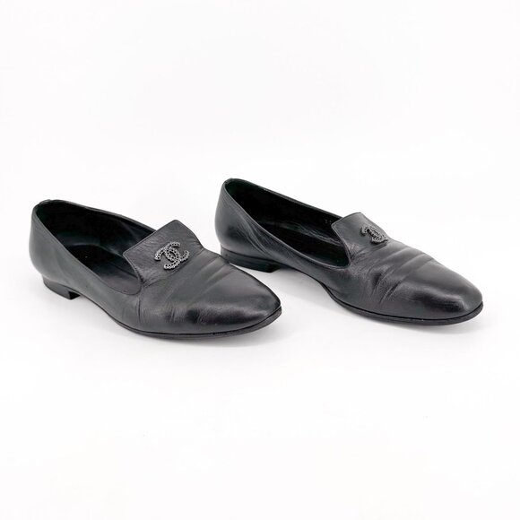 Chanel CC Smoking Loafer Flats Black Leather Size 37.5 US 6.5–7 Women Slip On - Picture 1 of 15